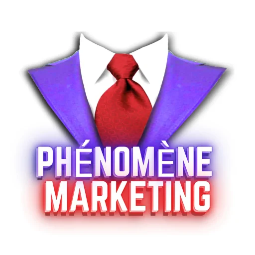 Phénomène Marketing, le logo, costume violet, cravate rouge.